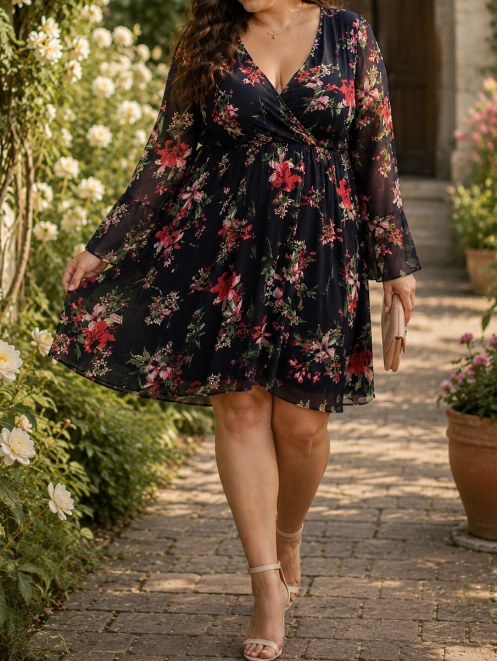 New Look Plus Size Navy Floral Wrap Dress | Long Sleeve Surplice V-Neck Chiffon